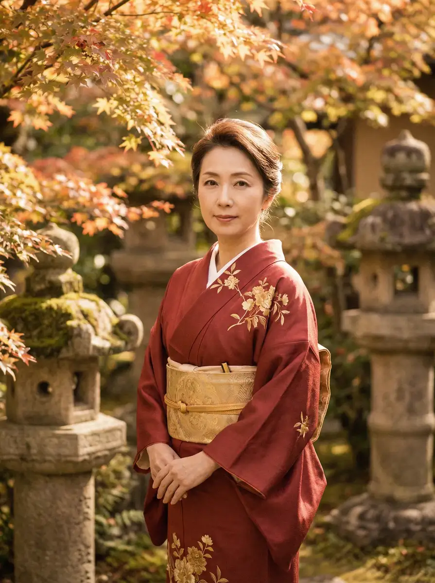 一位身穿暗红色和服的优雅 91手机助手安卓版 在日式庭院中