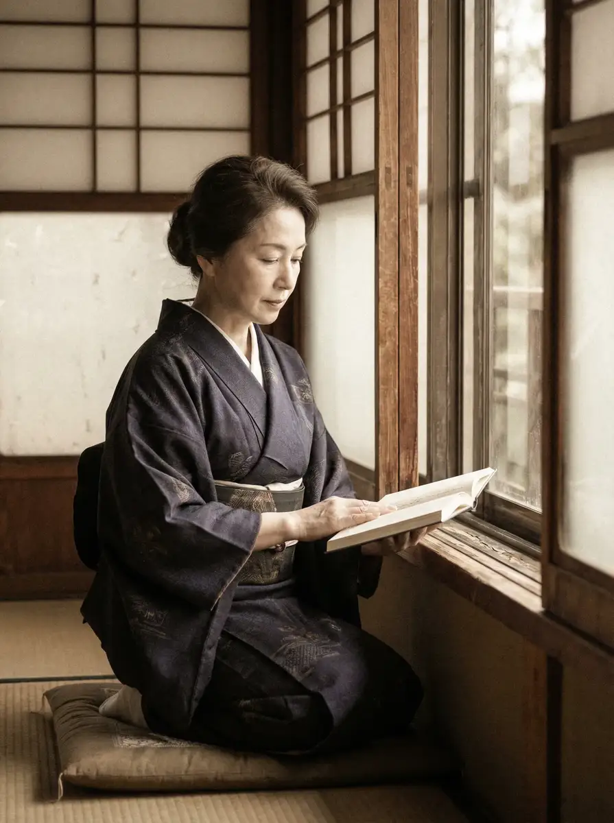 一位优雅的五十岁 91手机助手安卓版 身穿深蓝色和服，在窗边静读