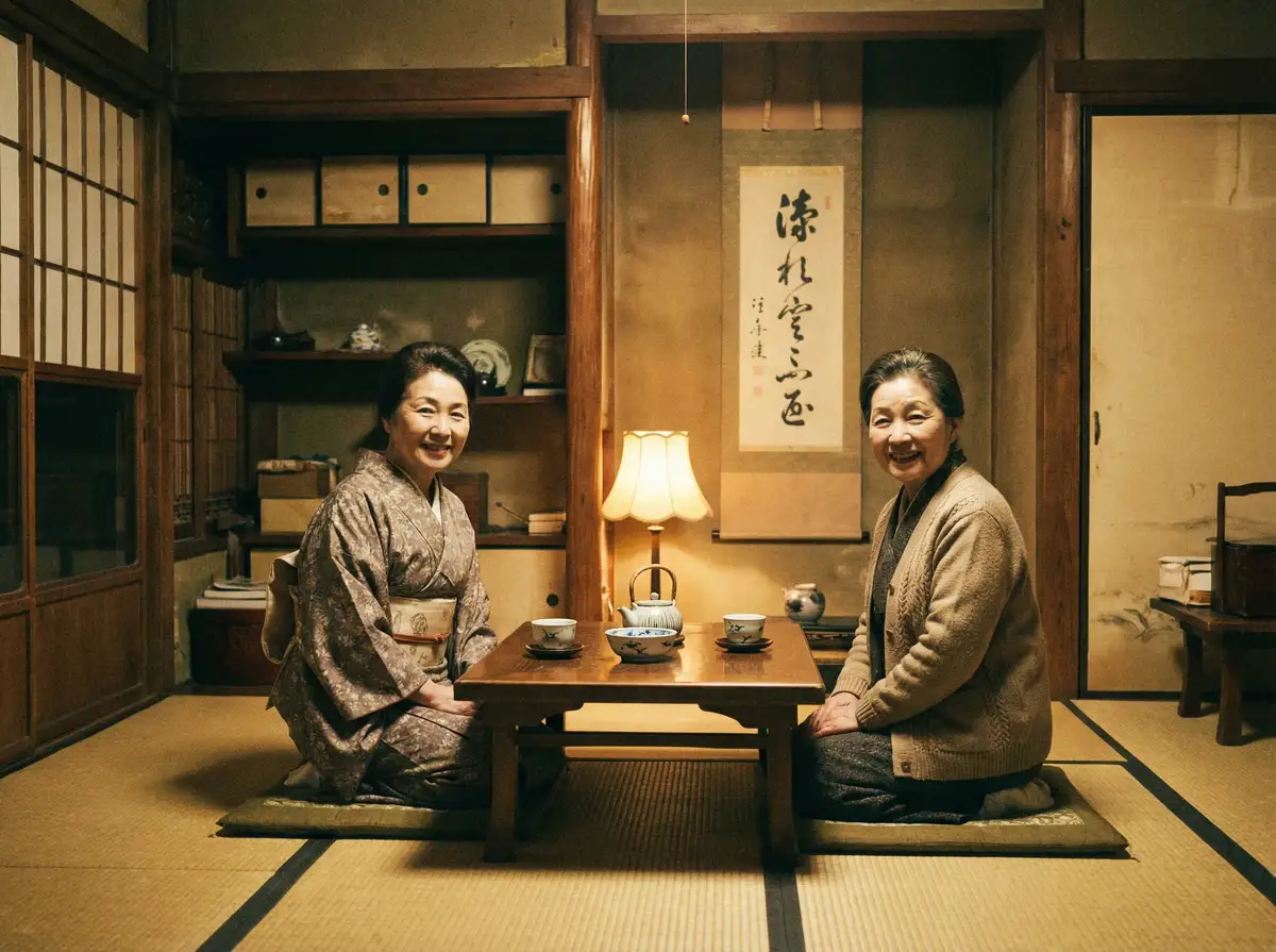 两位优雅的 91手机助手安卓版 在日式茶室中品茶交谈